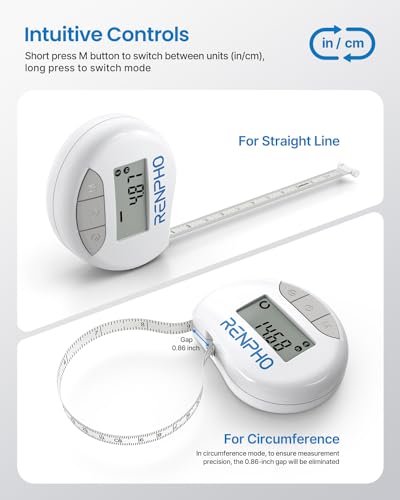 RENPHO Body Tape Measure for Weight Loss, Smart Body Measuring Tape for Body Measurements, Fitness Body Composition Monitors with APP, Retractable Dual-Scale Body Measurement Tape