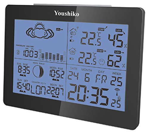 Youshiko YC9360 Digital Weather Station with Radio Controlled Clock ( Official UK Version ), Indoor Outdoor Temperature Humidity , Sunrise , Sunset , Moonrise , Moonset Times , Barometric Pressure