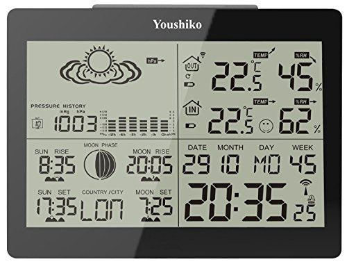 Youshiko YC9360 Digital Weather Station with Radio Controlled Clock ( Official UK Version ), Indoor Outdoor Temperature Humidity , Sunrise , Sunset , Moonrise , Moonset Times , Barometric Pressure