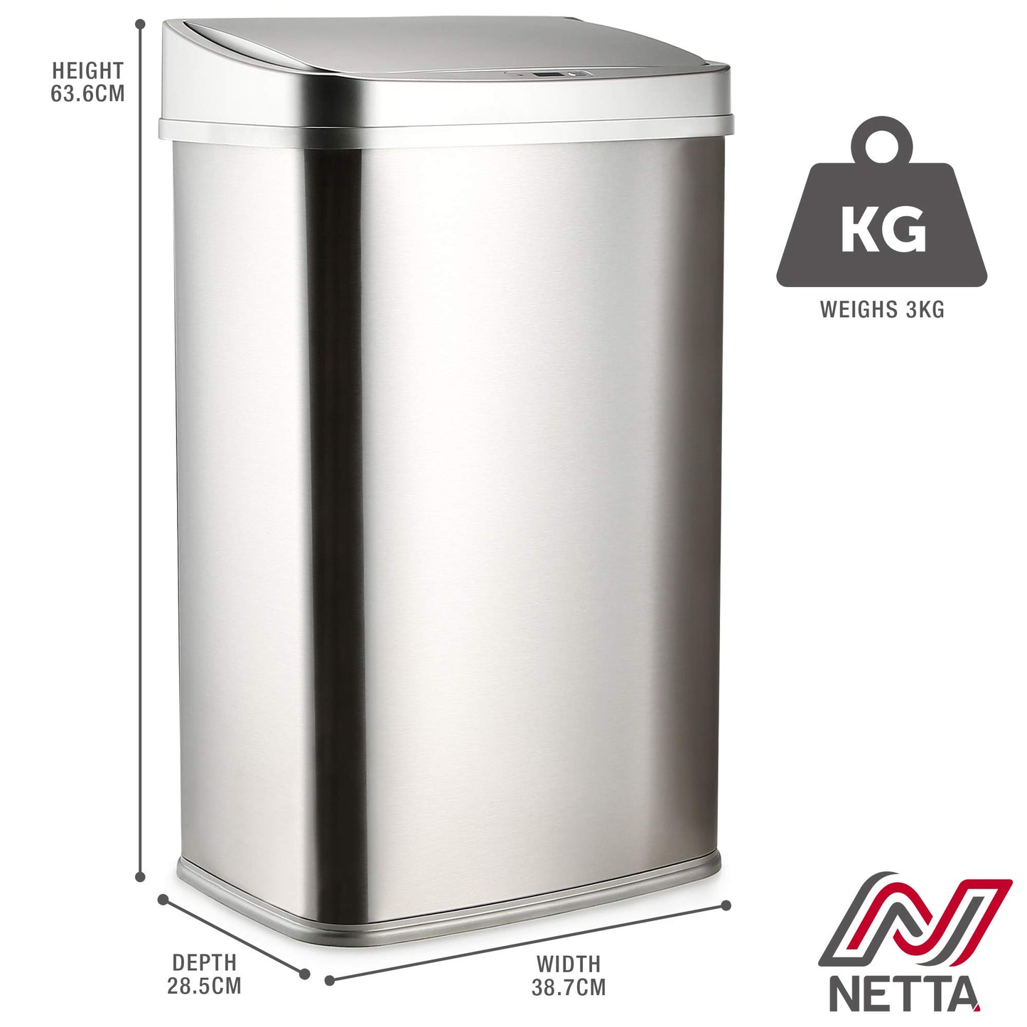 NETTA 50L Sensor Bin for Kitchen - Large Touch-Free Automatic Motion Sensor Waste Rubbish Bin, Dustbin, Trash Can - Rectangular Stainless Steel Silver 50 Litre