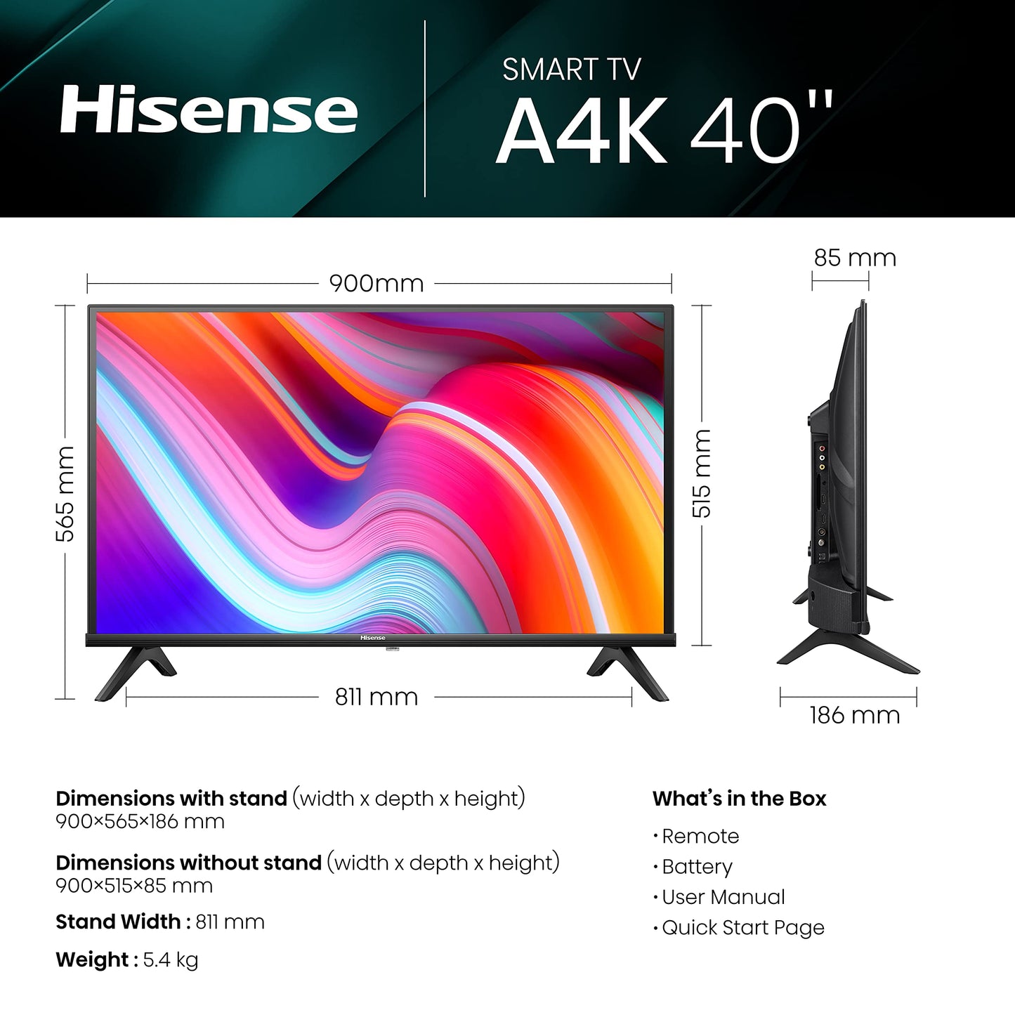 Hisense 40 Inch FHD VIDAA Smart TV 40A4KTUK - Natural Enhancer, HDMI, Share to TV, and Youtube, Freeview Play, Netflix and Disney+ (2023 New Model), Operating System VIDAA
