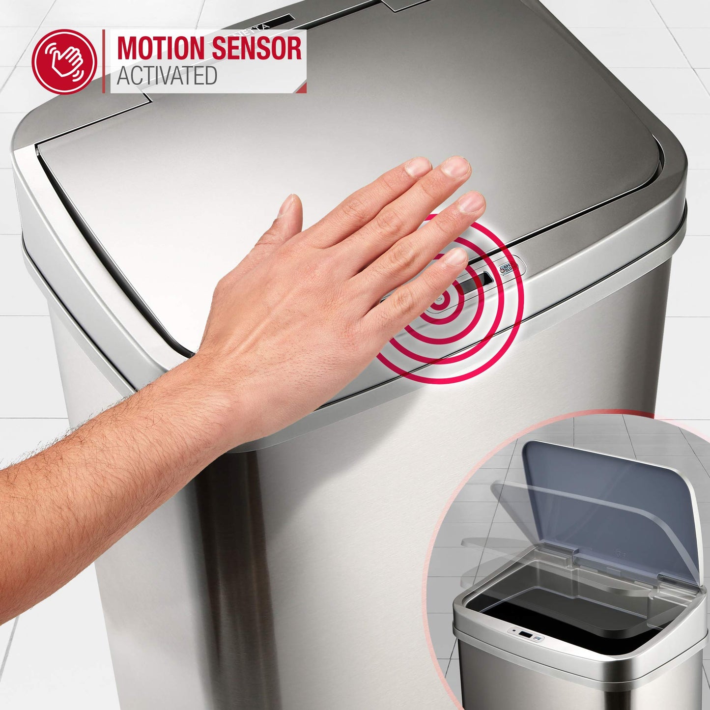 NETTA 50L Sensor Bin for Kitchen - Large Touch-Free Automatic Motion Sensor Waste Rubbish Bin, Dustbin, Trash Can - Rectangular Stainless Steel Silver 50 Litre