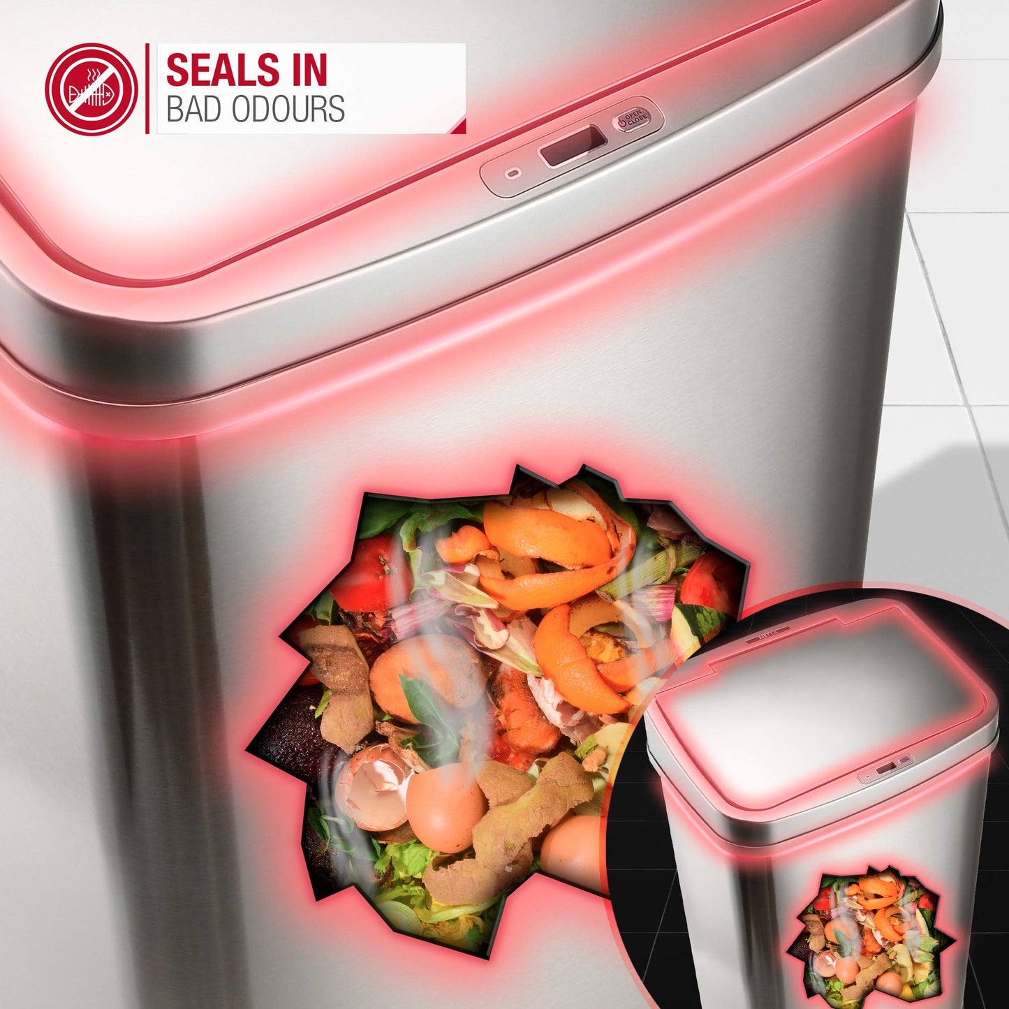 NETTA 50L Sensor Bin for Kitchen - Large Touch-Free Automatic Motion Sensor Waste Rubbish Bin, Dustbin, Trash Can - Rectangular Stainless Steel Silver 50 Litre