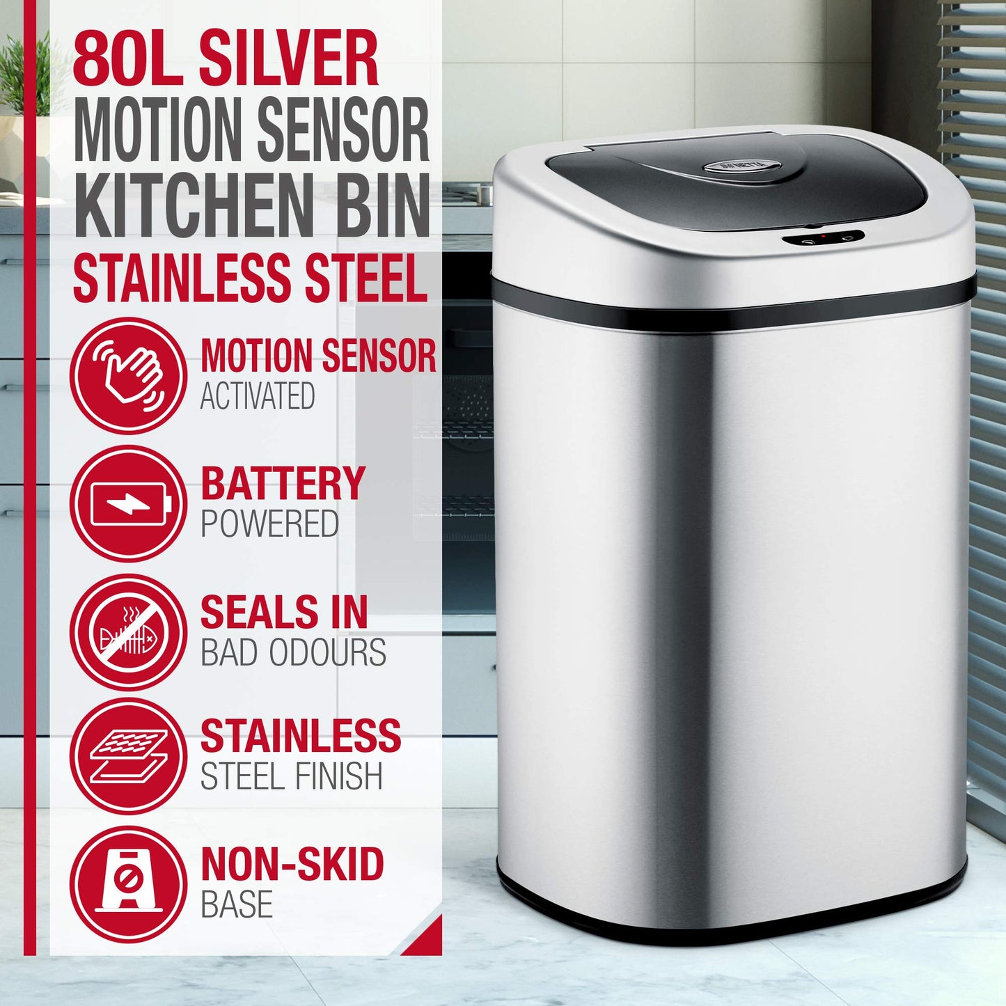 NETTA 80L Kitchen Recycling Sensor Bin – Large Touch-Free Automatic Motion Sensor Waste Rubbish Bin, Dustbin, Trash Can – Stainless Steel Finish – 80 Litre – Silver