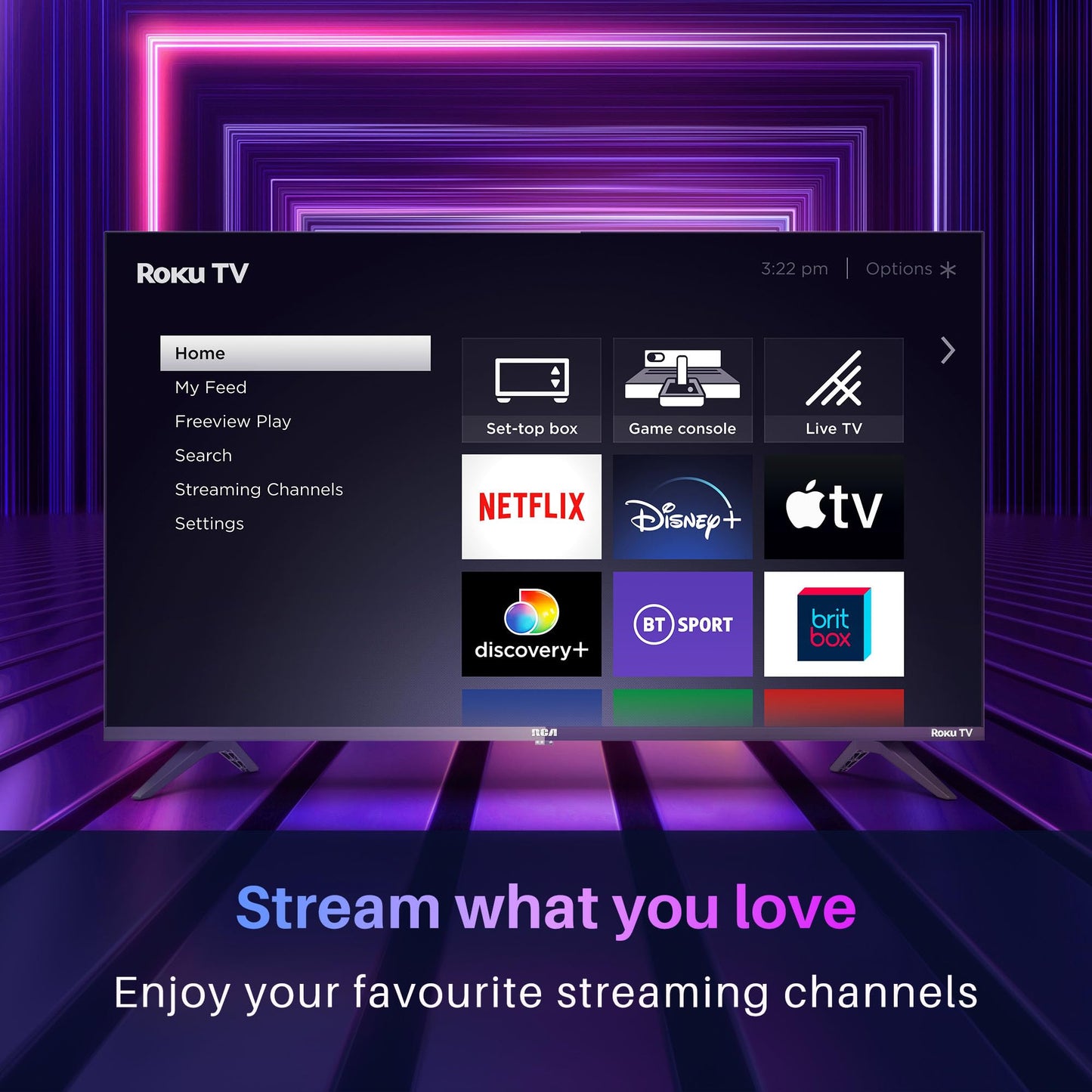 RCA Roku TV 32" Screen Smart TV, RR32HD1A TV with Apple TV+ BBC Netflix Freeview, HDR DVB-T2/T Dolby Audio 2 x HDMI 2 x USB Port, Ideal Television for Small Lounge or Kitchen