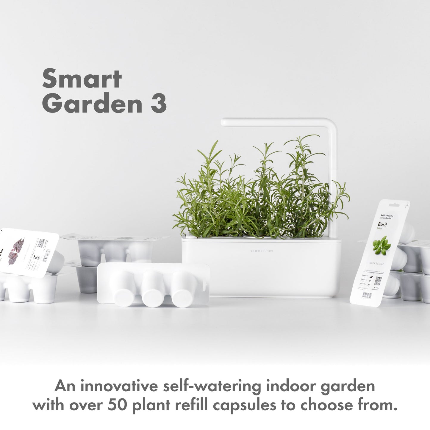 Click & Grow Indoor Herb Garden Kit with Grow Light | Smart Garden for Home Kitchen Windowsill | Easier than Hydroponics Growing System | Vegetable Gardening Starter (3 Basil Pods included), Grey