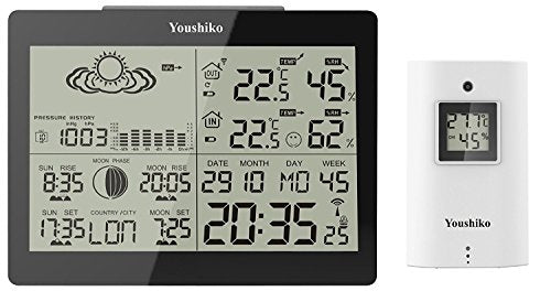 Youshiko YC9360 Digital Weather Station with Radio Controlled Clock ( Official UK Version ), Indoor Outdoor Temperature Humidity , Sunrise , Sunset , Moonrise , Moonset Times , Barometric Pressure