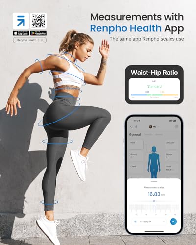RENPHO Body Tape Measure for Weight Loss, Smart Body Measuring Tape for Body Measurements, Fitness Body Composition Monitors with APP, Retractable Dual-Scale Body Measurement Tape