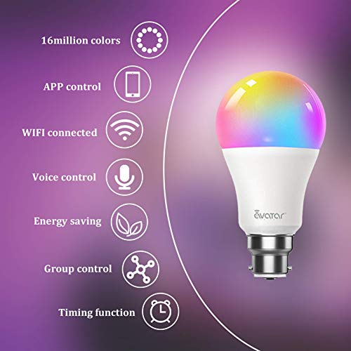 Avatar Controls Smart Bulb Alexa Light Bulbs B22 Bayonet, Colour Changing WiFi LED Lamp Bulbs 9W Set of 2 Bulbs [Energy Class F], White