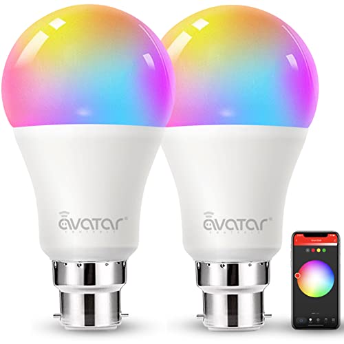 Avatar Controls Smart Bulb Alexa Light Bulbs B22 Bayonet, Colour Changing WiFi LED Lamp Bulbs 9W Set of 2 Bulbs [Energy Class F], White