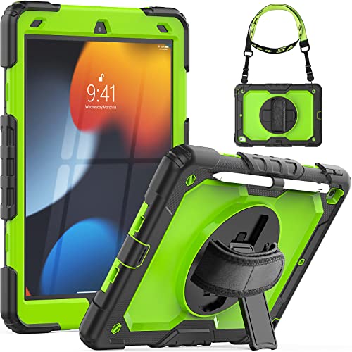 SEYMCY Kids Case for iPad 10.2 inch 9th 8th 7th Generation 2021/2020/2019, Shockproof with [Rotating Hand Strap Stand][Screen Protector][Pencil Holder] Hard Cover for iPad 9th/8th Gen, Black/Green