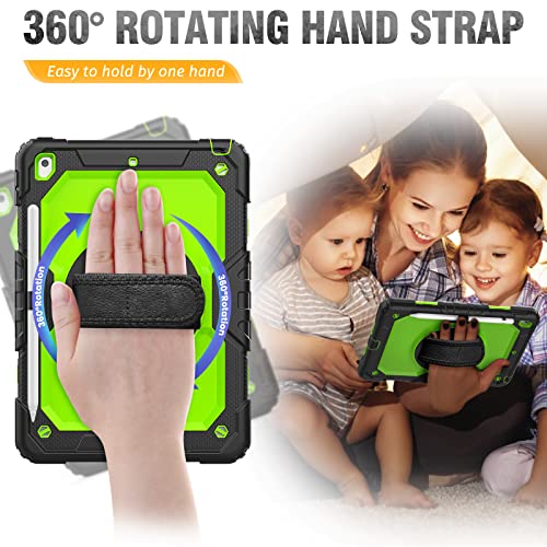 SEYMCY Kids Case for iPad 10.2 inch 9th 8th 7th Generation 2021/2020/2019, Shockproof with [Rotating Hand Strap Stand][Screen Protector][Pencil Holder] Hard Cover for iPad 9th/8th Gen, Black/Green