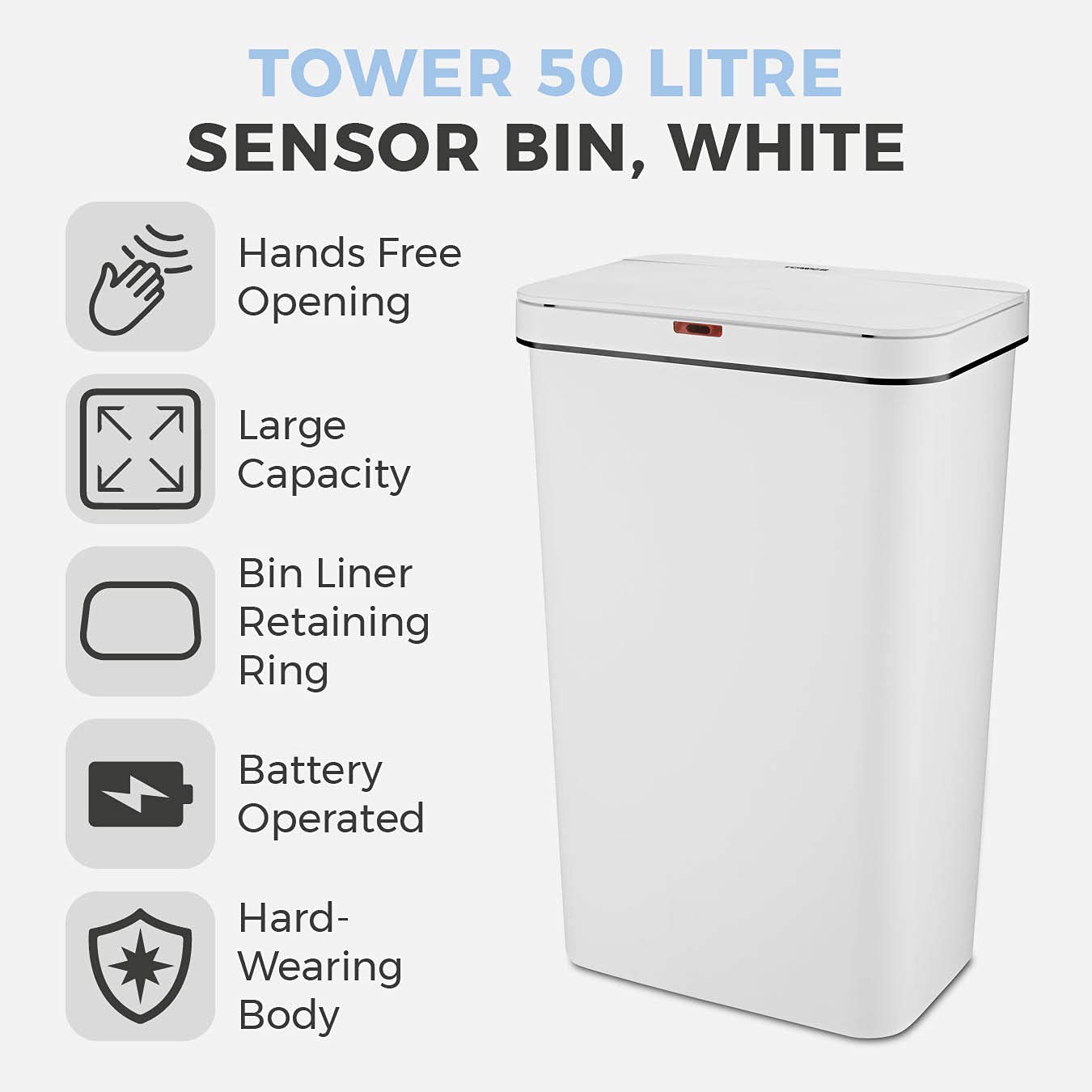 Tower T838005W Sensor Bin with Retainer Ring, Battery-Operated, 50L, White