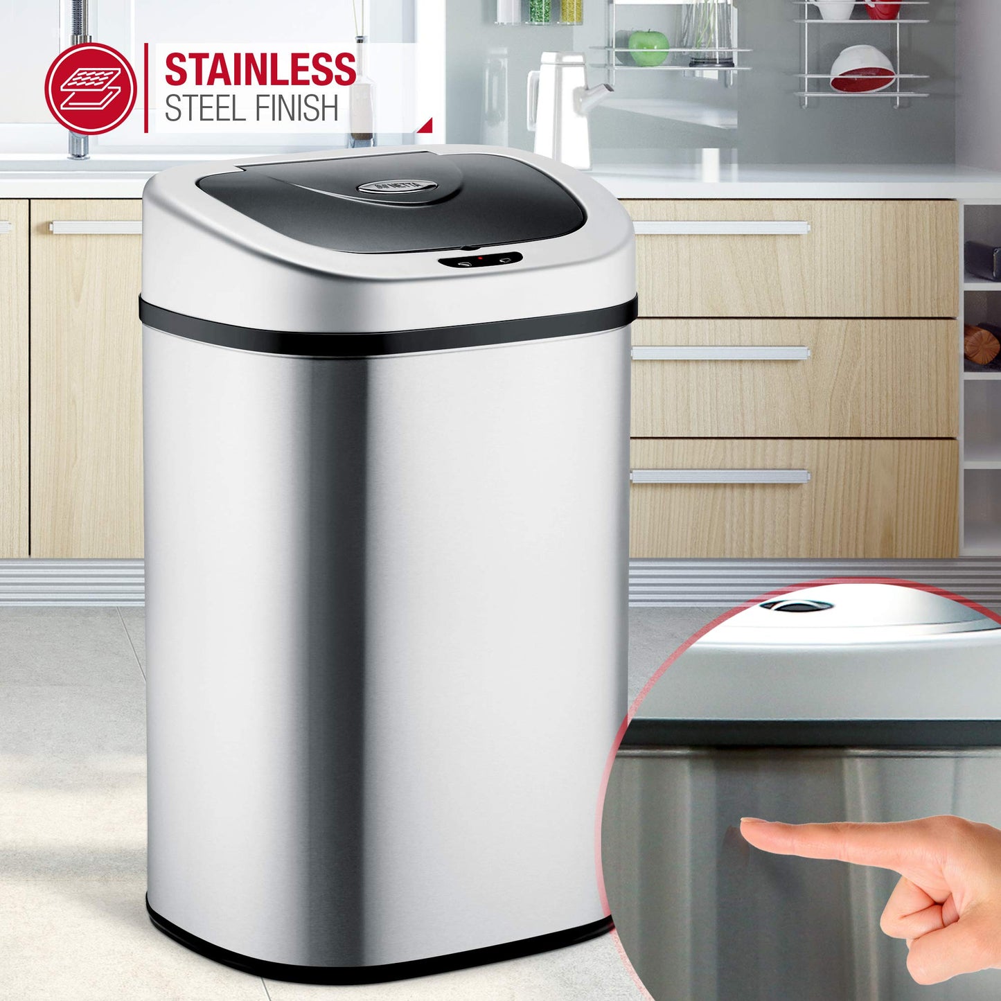 NETTA 80L Kitchen Recycling Sensor Bin – Large Touch-Free Automatic Motion Sensor Waste Rubbish Bin, Dustbin, Trash Can – Stainless Steel Finish – 80 Litre – Silver