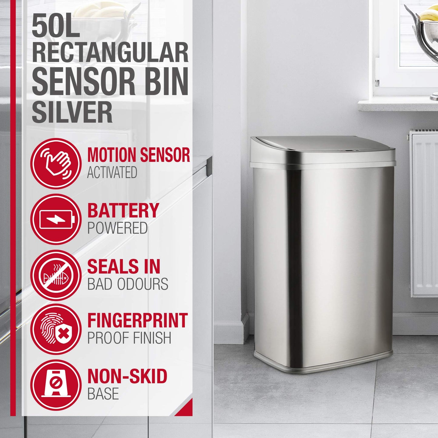 NETTA 50L Sensor Bin for Kitchen - Large Touch-Free Automatic Motion Sensor Waste Rubbish Bin, Dustbin, Trash Can - Rectangular Stainless Steel Silver 50 Litre